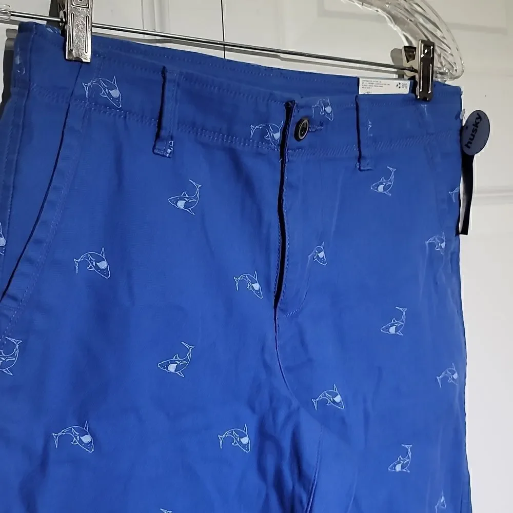 𝅺arizona Boy's Husky Stretch Blue Chino Shark Print Shorts